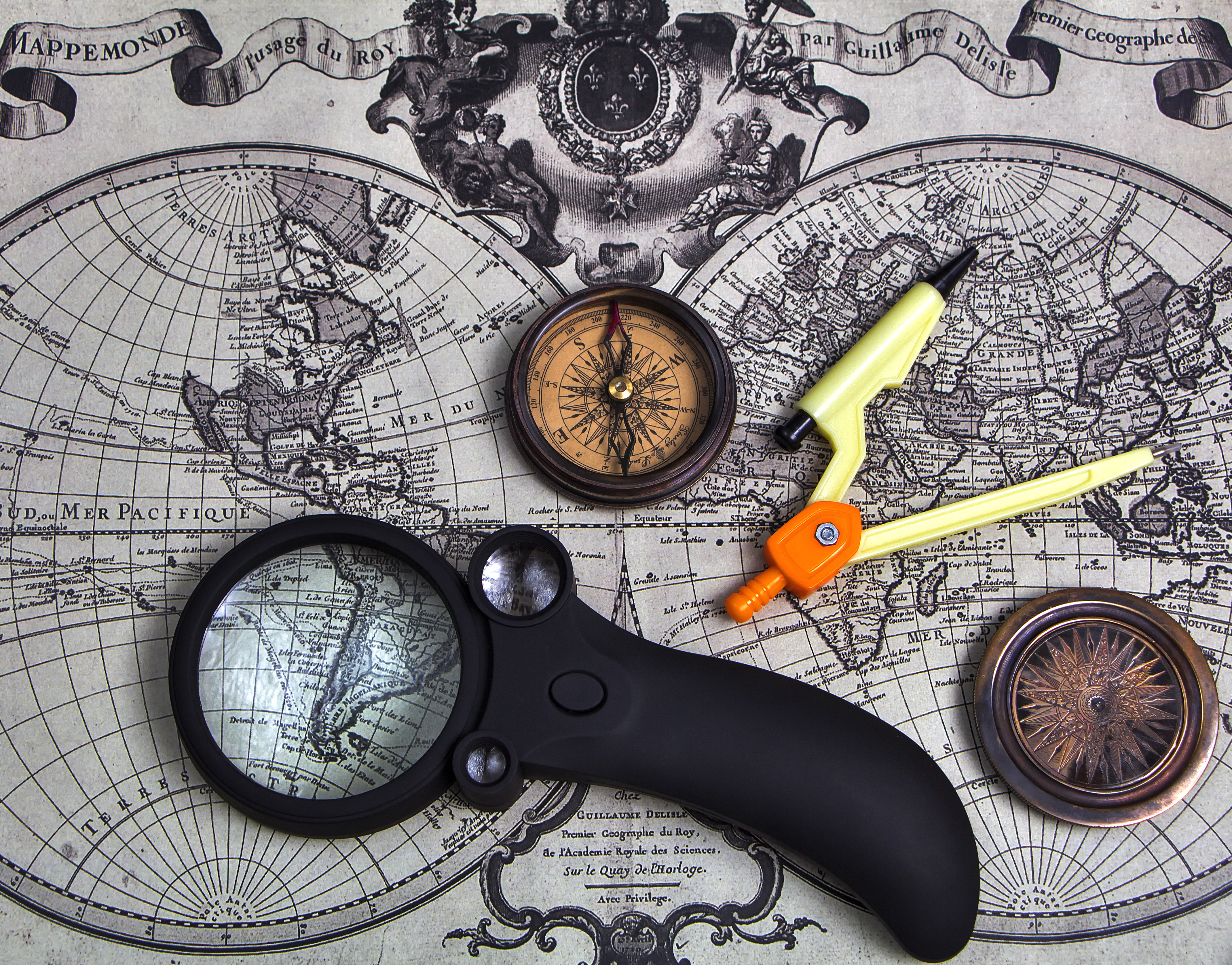 A set of tools for travel on the background of the world map.